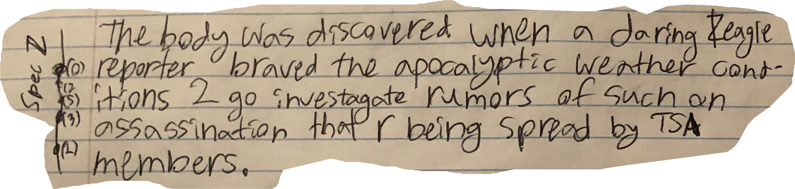 The body was discovered when a daring Zeagle reporter braved the apocalyptic weather conditions 2 go investagate rumors of such an assassination that r being spread by TSA members.