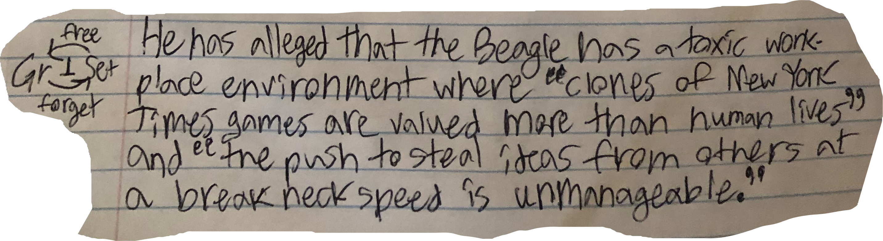 He has alleged that the Beagle has a toxic workplace environment where &quotclones of New York Times games are valued more than human lives" and "the push to steal ideas from others at a break neck speed is unmanageable."