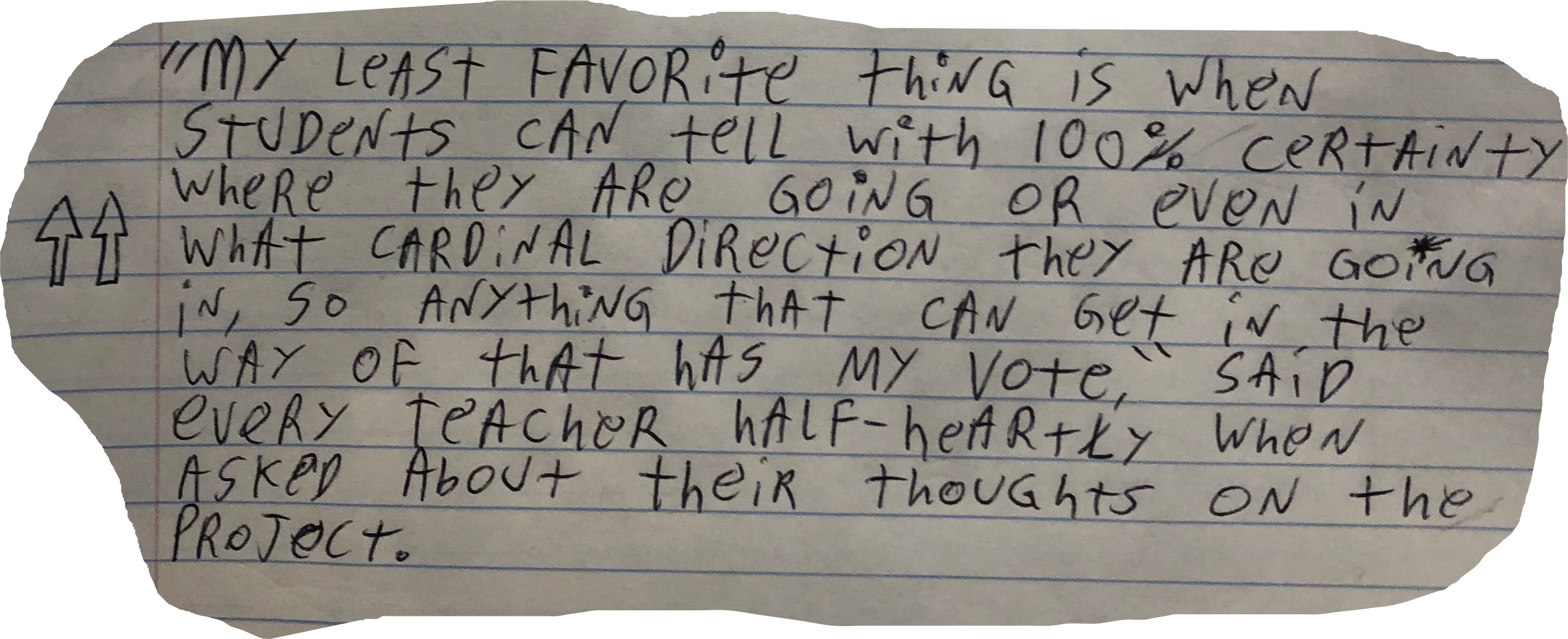 "My least favorite thing is when students can tell with 100% certainty where they are going or even in what cardinal direction they are going in, so anything that can get in the way of that has my vote," said every teacher half-heartely when asked about their thoughts on the project.