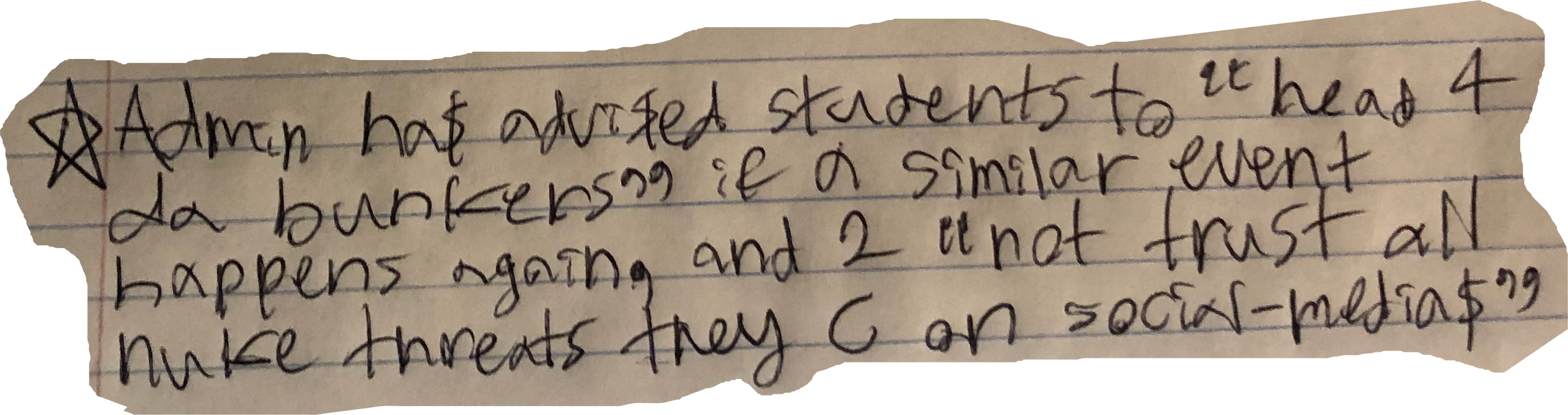 Admin ha$ advi$ed students to "head 4 da bunkers" if a similar event happens again, and 2 "not trust all nuke threats they C on social-media$"