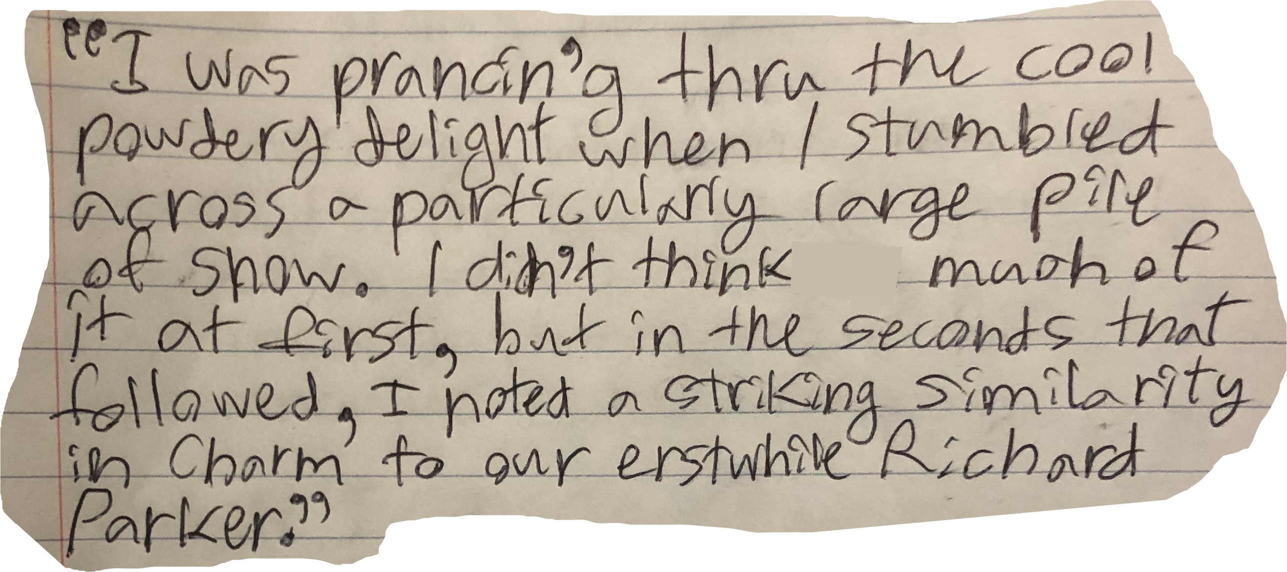 "I was prancin’g thru the cool powdery delight when I stumbled across a particularly large pile of snow. I didn’t think much of it at first, but in the seconds that followed, I noted the striking similarity in charm to our erstwhile Richard Parker."