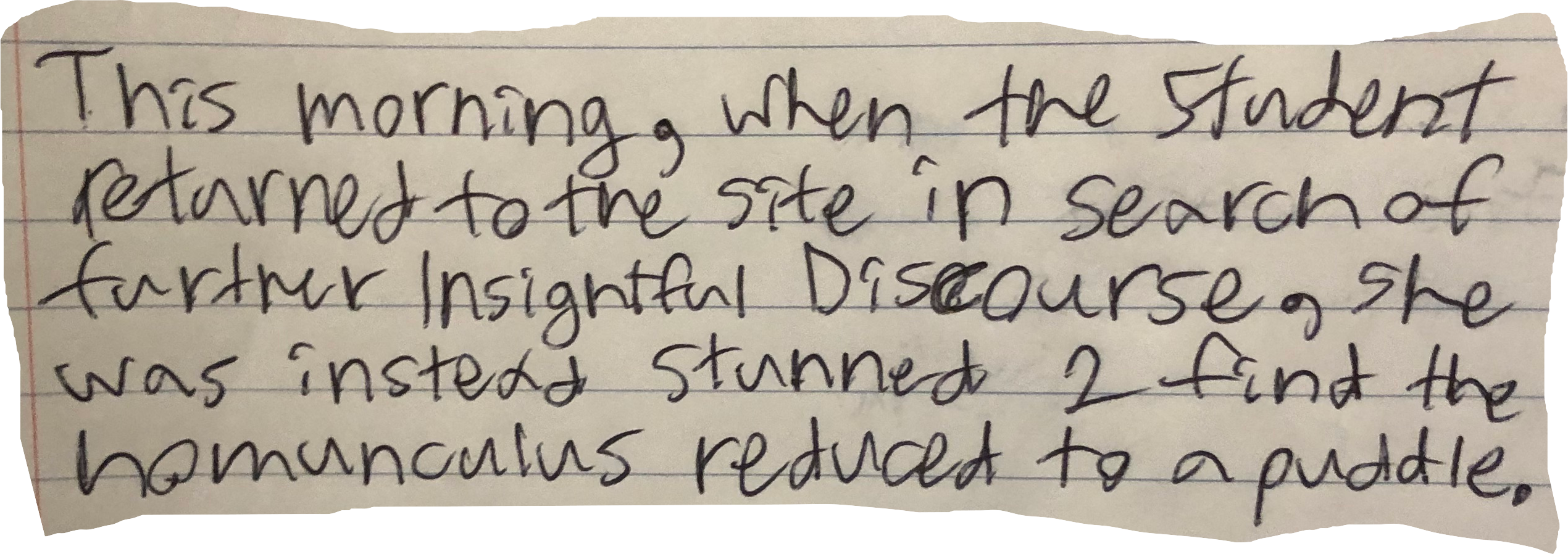 This morning, when the Student returned to the site in search of further Insightful Discourse, she was instead stunned 2 find the homunclulus reduced to a puddle.