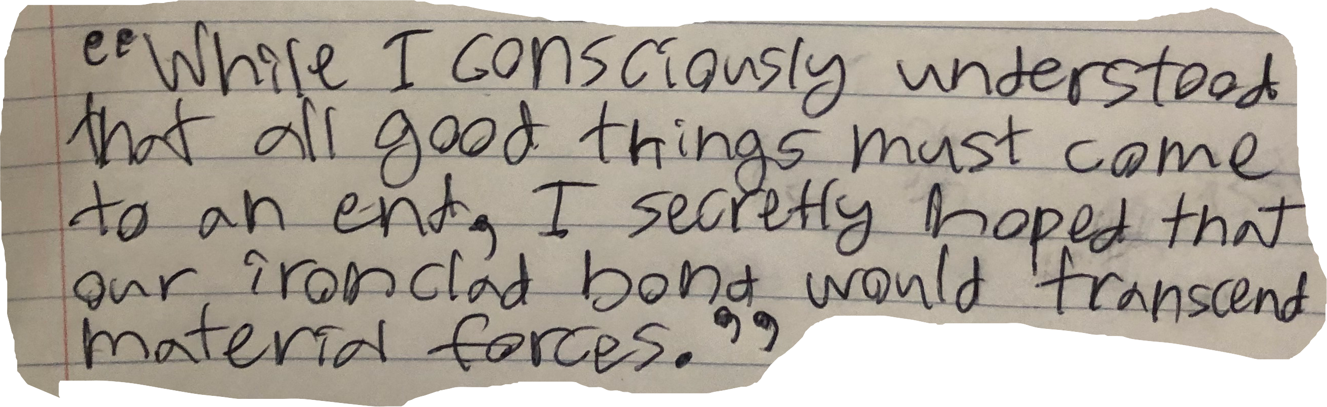 "While I consciously understood that all good things must come to an end, I secretly hoped that our ironclad bond would transcend material forces."