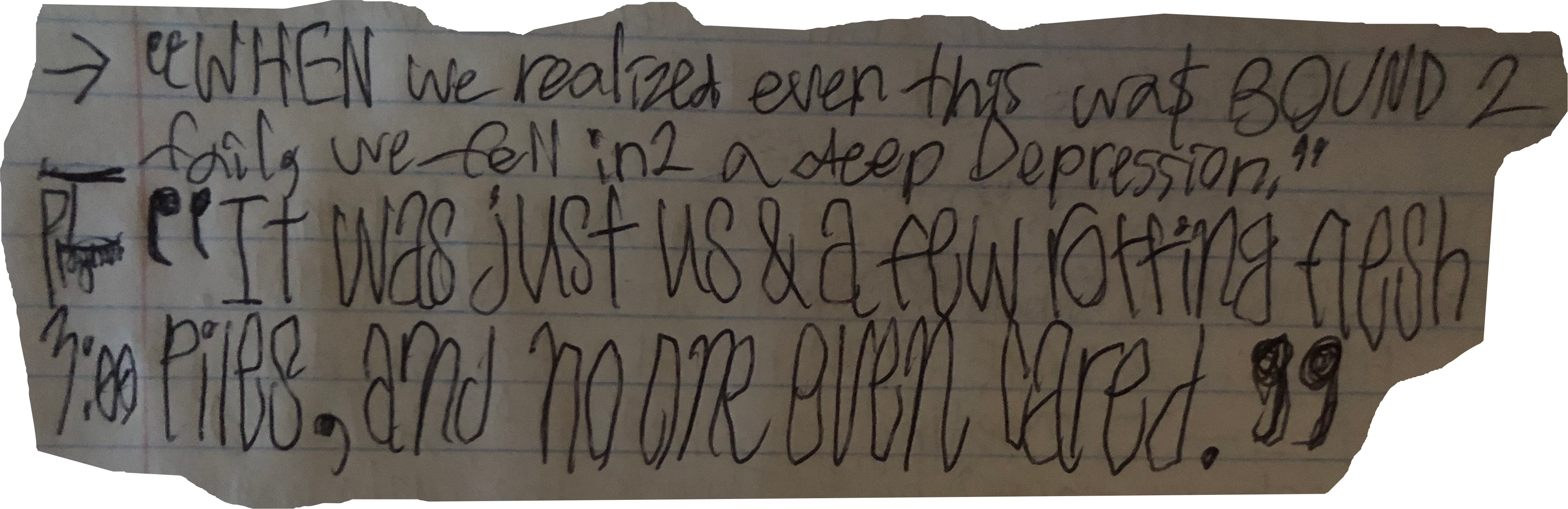 "WHEN we realized even this wa$ BOUND 2 fail, we fell in2 a deep Depression." "It was just us & a few rotting flesh piles, and no one even cared."