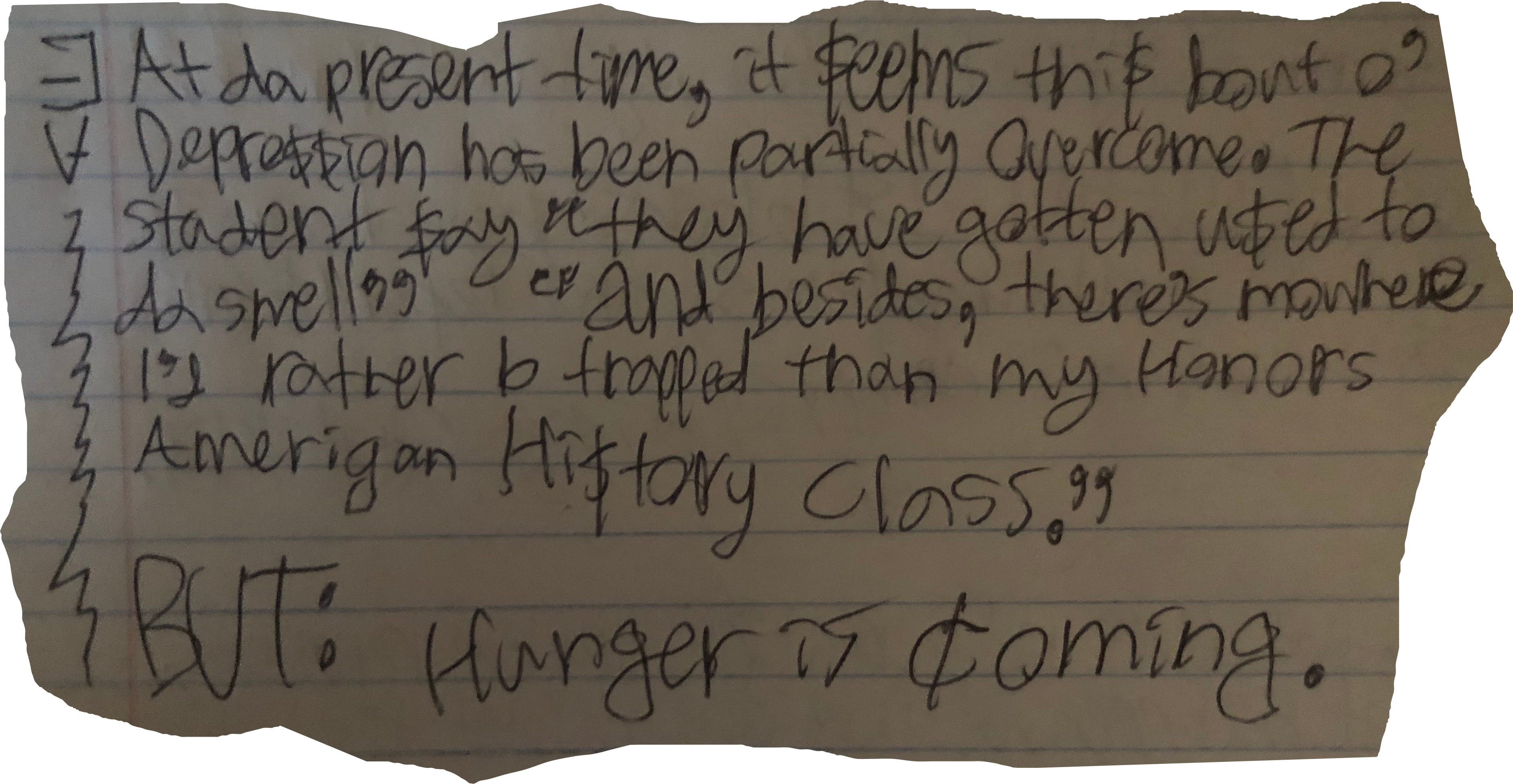 At da present time it $eems thi$ bout o' Depre$$ion has been partially Overcome. The Student $ay "they have gotten u$ed to da smell" "and besides, there's mowhere I'd rather b trapped than my Honors Amerigan Hi$tory Class." BUT: Hunger is coming.