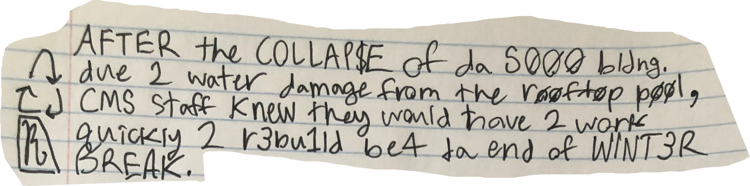 AFTER the COLLAP$E of da 5000 bldng. due 2 water damage from the rooftop pool, CMS Staff knew they would have 2 work quickly 2 r3bu1ld be4 da end of WINT3R BREAK.