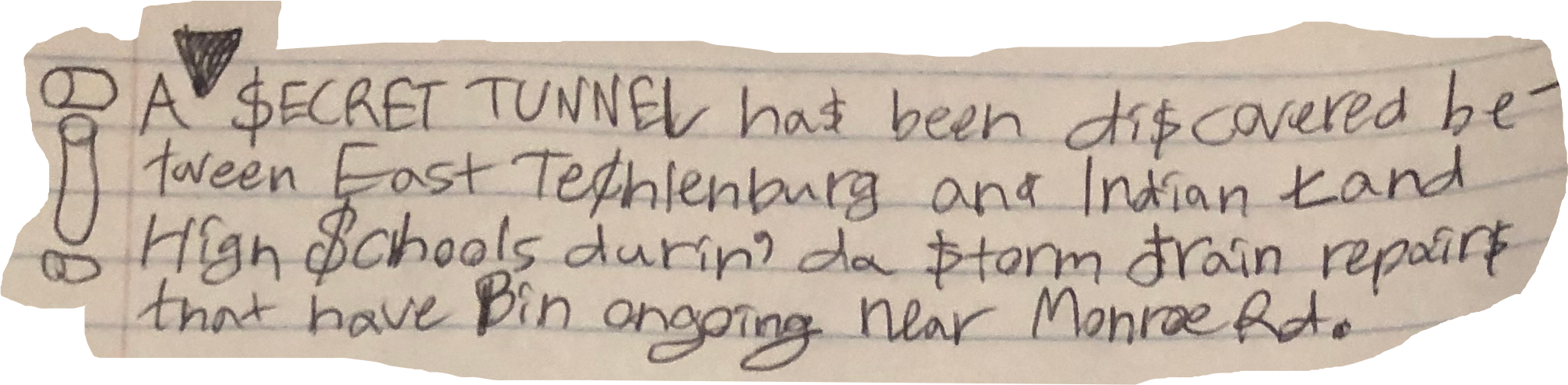 A $ECRET TUNNEL ha$ been di$covred between East Techlenburg and Indian Land High $chools durin' da $torm drain repair$ that have Bin ongoing near Monroe Rd.