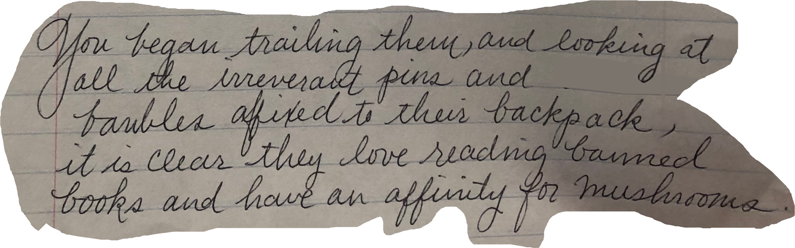 You began trailing them, and looking at all the irreverent pins and baubles affixed to their backpack, it is clear they love reading banned books and have an affinity for mushrooms.