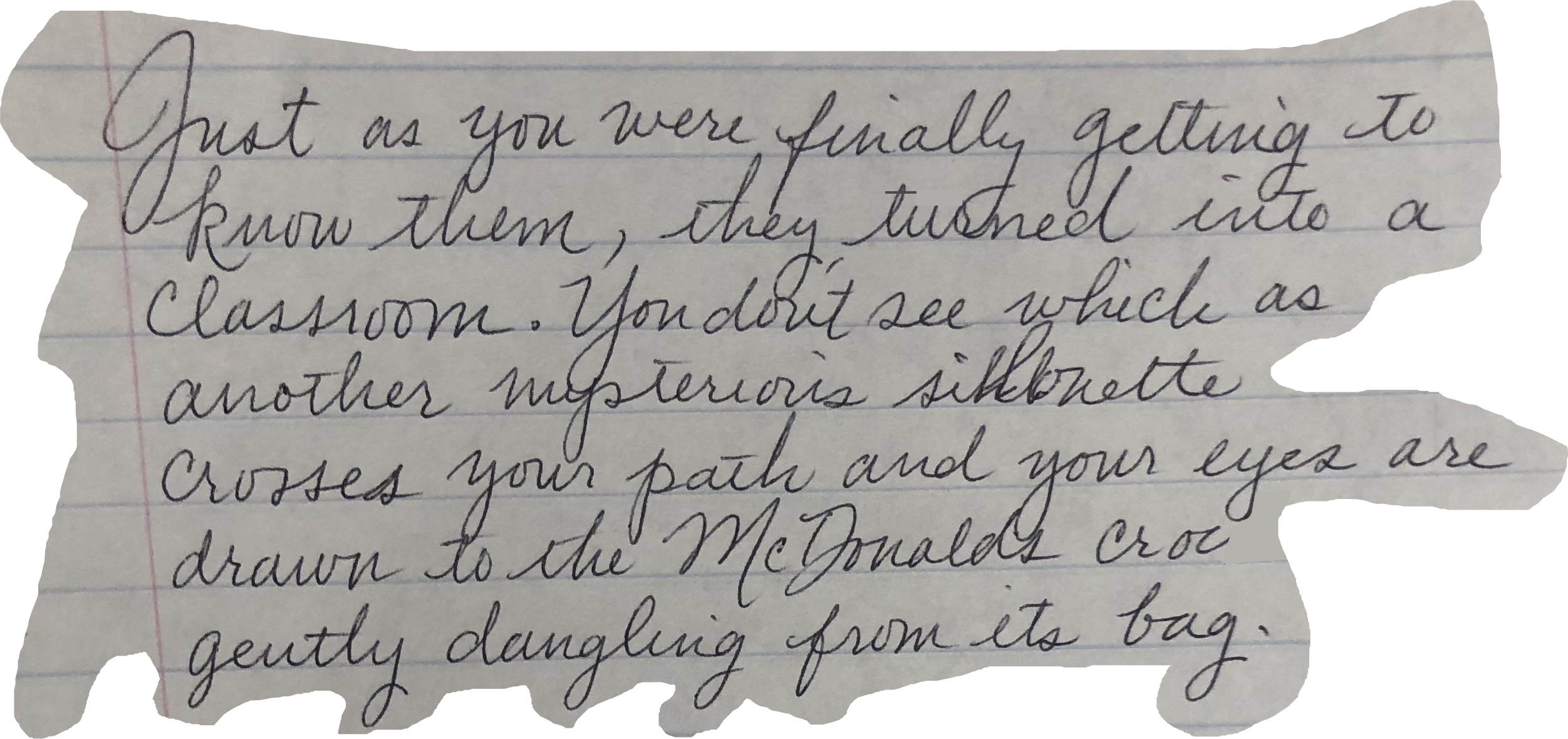 Just as you were finally getting to know them, they turned into a classroom. You don't see which as another mysterious silhouette crosses your path and your eyes are drawn to the McDonald's croc gently dangling from its bag.
