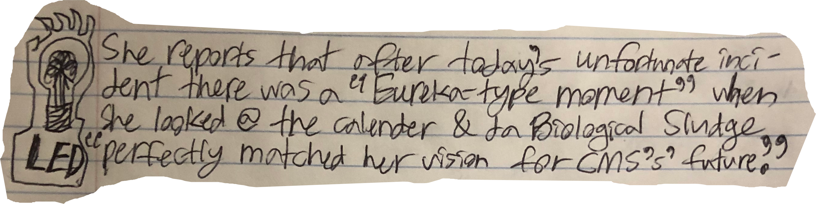 She reports that after today's unfortunate incident there was a "Eureka-type moment" when she looked @ the calender & da Biological Sludge "perfectly matched her vision for CMS's' future."